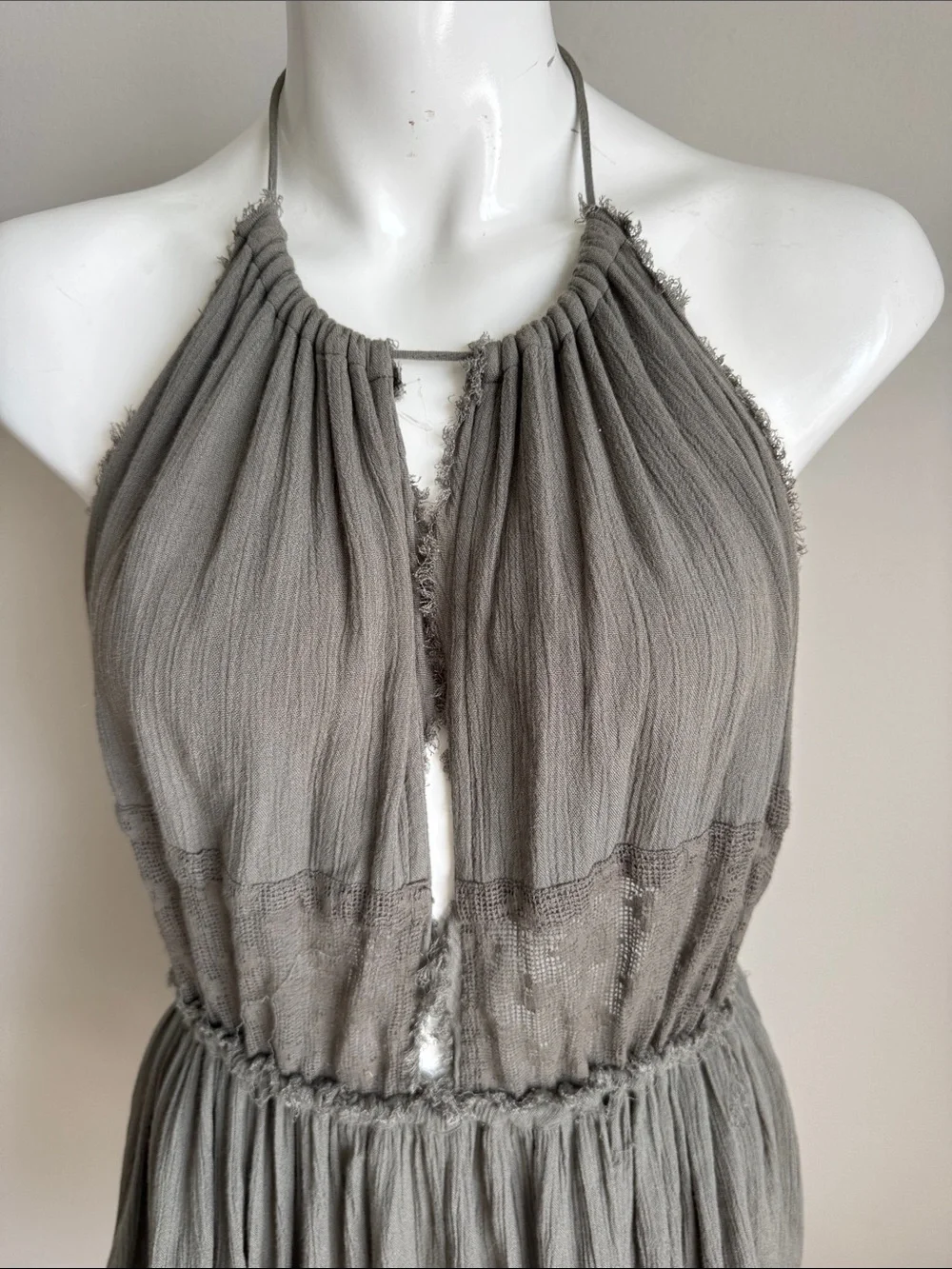 Free People Boho Open Back Halter Romper Gauze Lace Tassel Gray Taupe Size S